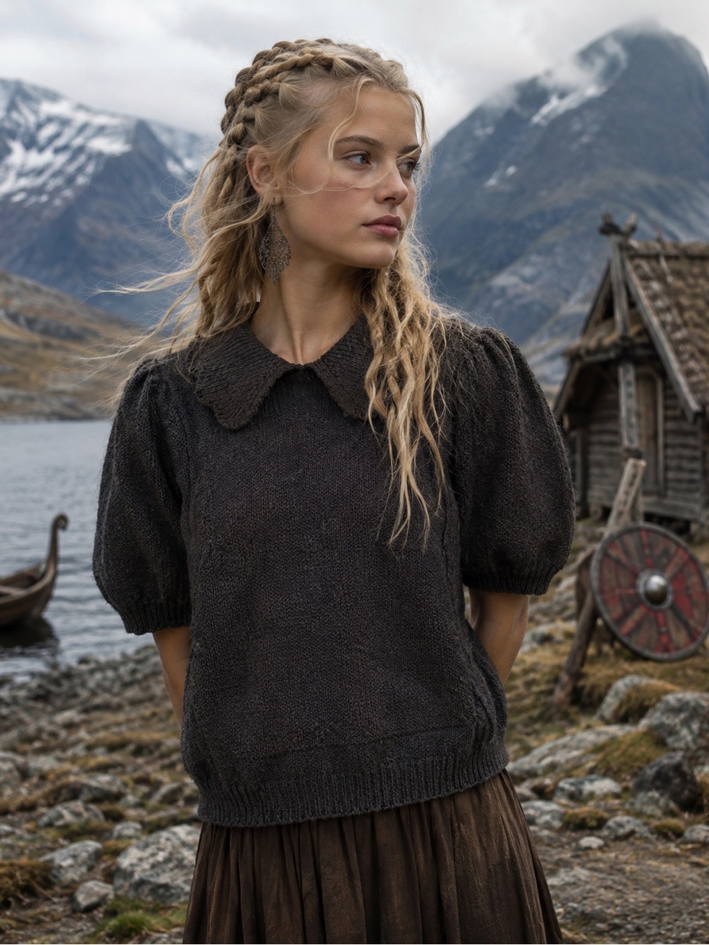 Charcoal Gray Knit Sweater Puff Sleeve Peter Pan Collar Viking Goth Cottagecore